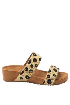 Ellie leren slippers met sleehak en kraaltjes beige