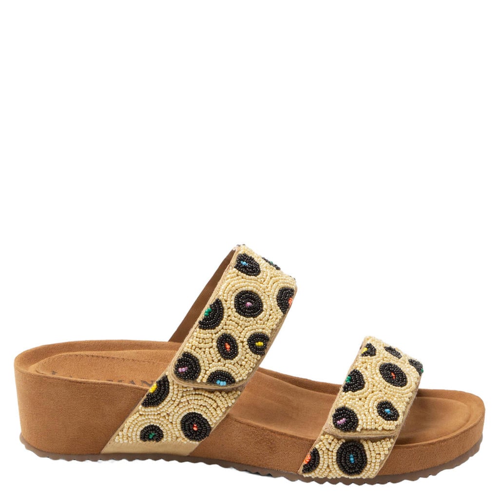 Beige dames Lazamani Ellie leren slippers met sleehak en kraaltjes
