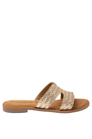 Puck leren slippers met gevlochten goud