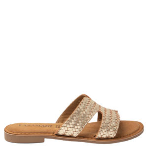 Puck leren slippers met gevlochten goud
