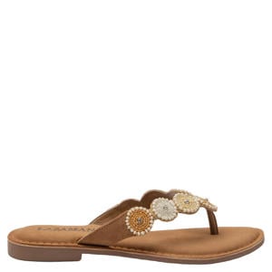 Loua leren teenslippers met kraaltjes cognac/beige