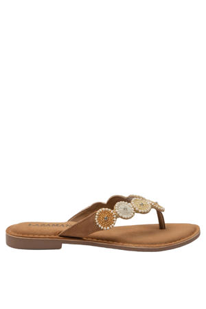 Loua leren teenslippers met kraaltjes cognac/beige
