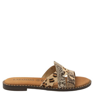 Suze leren slippers met dierenprint en panterprint beige/zwart