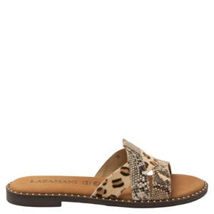 Suze leren slippers met dierenprint en panterprint beige/zwart