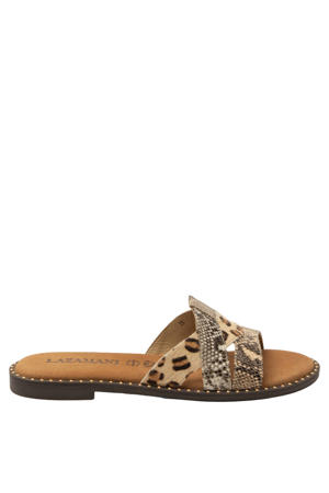 Suze leren slippers met dierenprint en panterprint beige/zwart