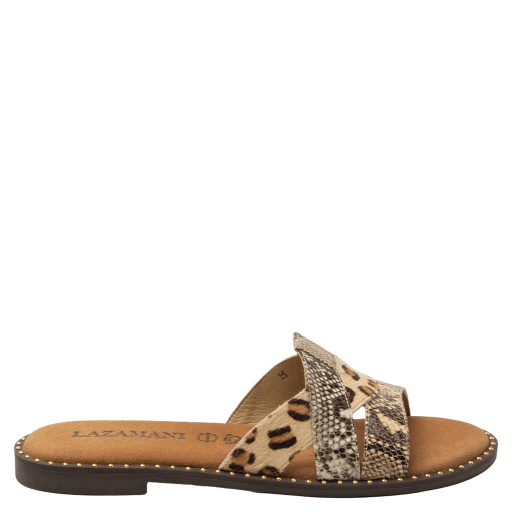 Beige en zwarte dames Lazamani Suze leren slippers en