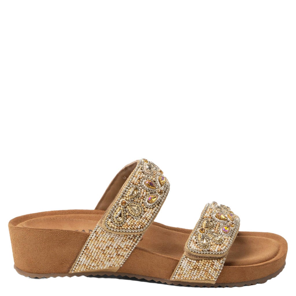 Beige dames Lazamani Bo suède slippers met kraaltjes met klittenband