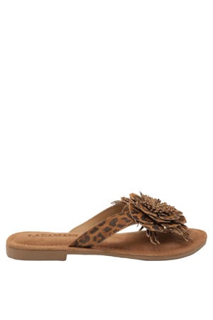 Nomi suède teenslippers met panterprint cognac