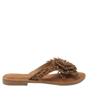 Nomi suède teenslippers met panterprint cognac