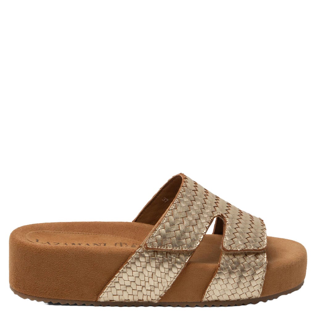 Gouden dames Lazamani Mille leren slippers met gevlochten met klittenband