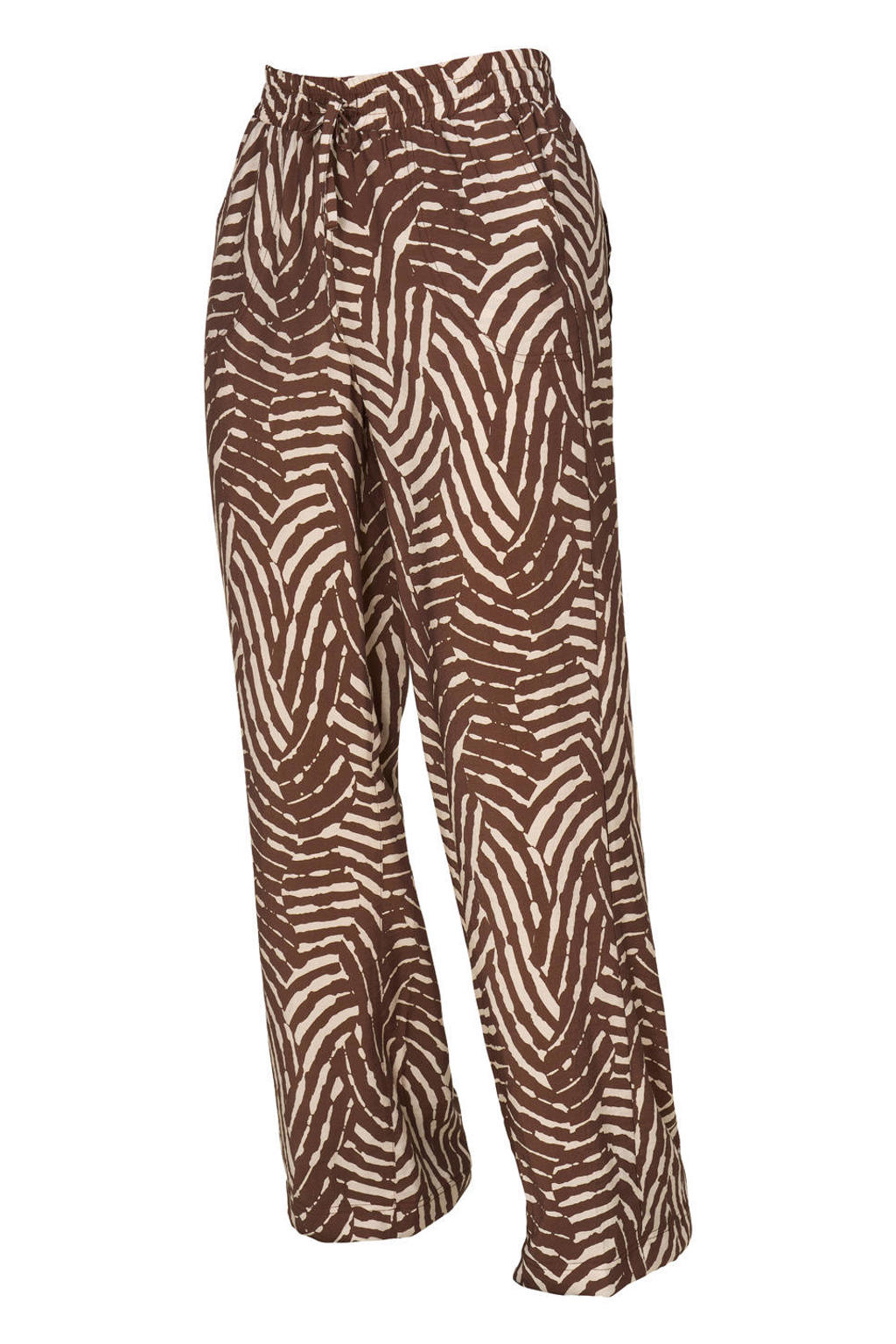 Bruin en ecru dames Dreamstar straight regular waist casual broek van viscose met elastische tailleband met koord