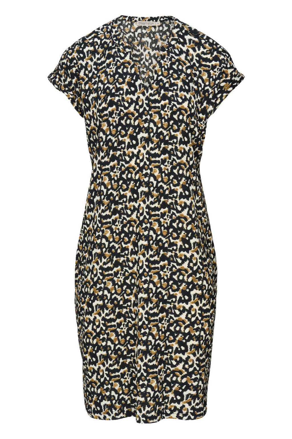 Bruin en zwarte dames Dreamstar zomerjurk van polyester met korte mouwen en V-hals
