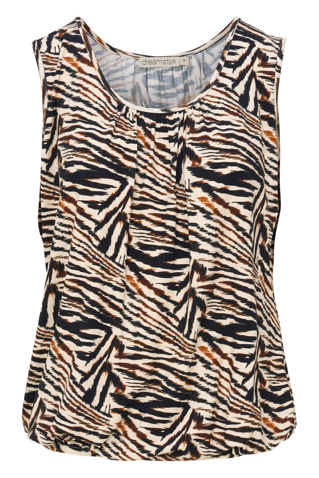 Bruin, zwart en ecru dames Dreamstar mouwloze top van viscose met ronde hals en elastische boord