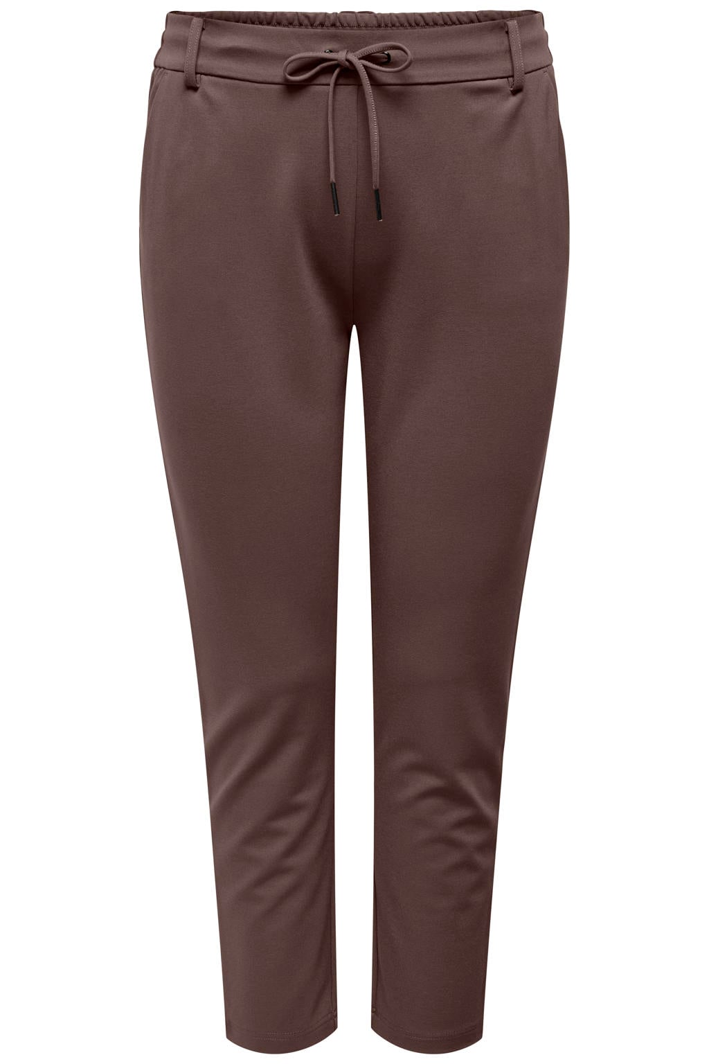 Bruine dames ONLY CARMAKOMA slim regular waist casual broek van viscose met elastische tailleband met koord en effen