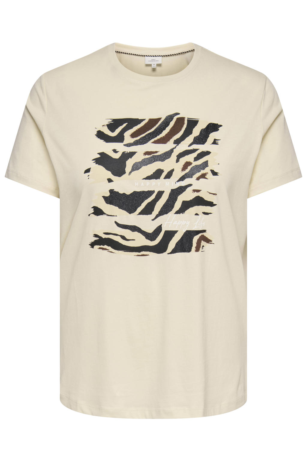 Beige dames ONLY CARMAKOMA T-shirt van katoen met printopdruk, korte mouwen en ronde hals
