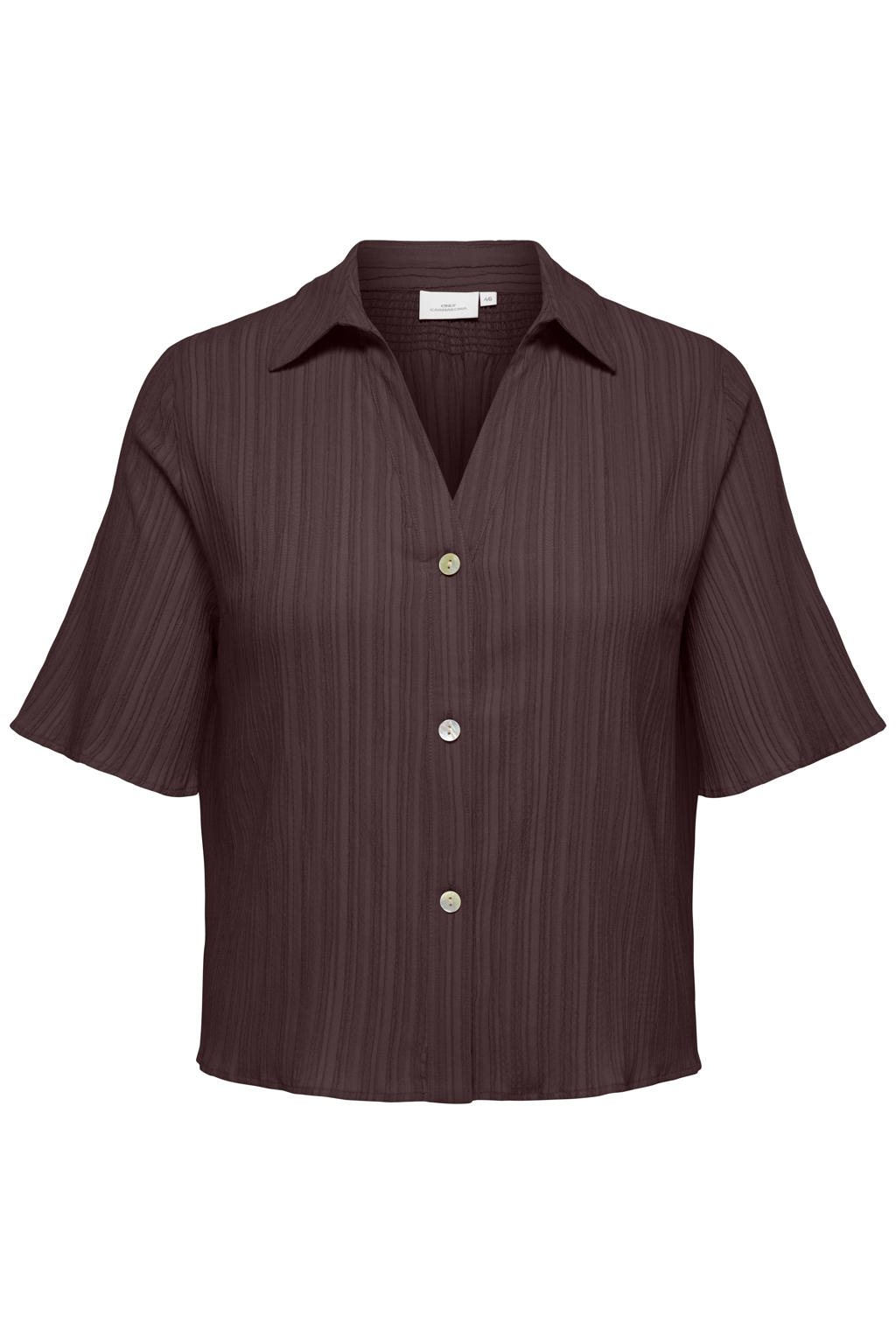 Bruine dames ONLY CARMAKOMA blouse van viscose met effen, korte mouwen, klassieke kraag en knoopsluiting