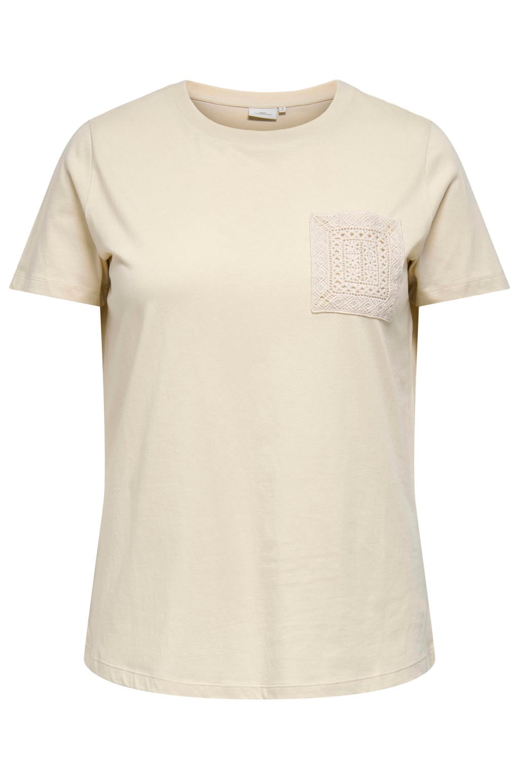 Ecru dames ONLY CARMAKOMA T-shirt van katoen met effen, korte mouwen, ronde hals en borduursels