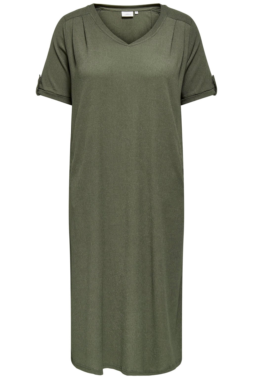 Donkergroene dames ONLY CARMAKOMA T-shirtjurk zomerjurk van polyester met effen, korte mouwen en V-hals