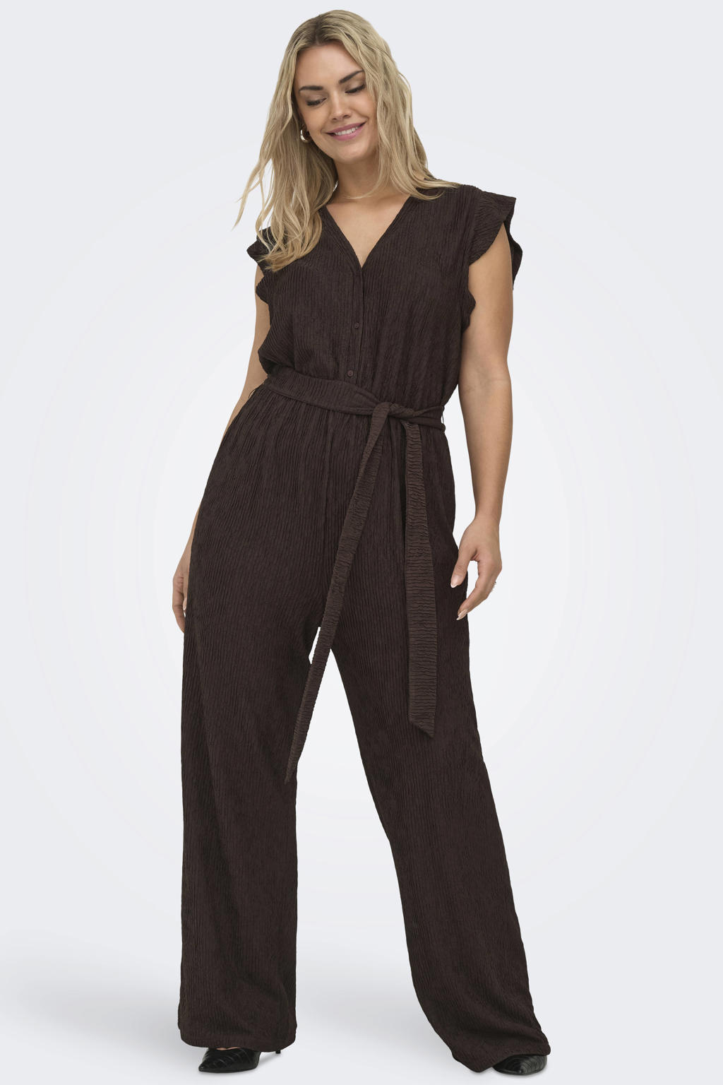 Bruine dames ONLY CARMAKOMA jumpsuit Plus Size van polyester met knoopsluiting en effen