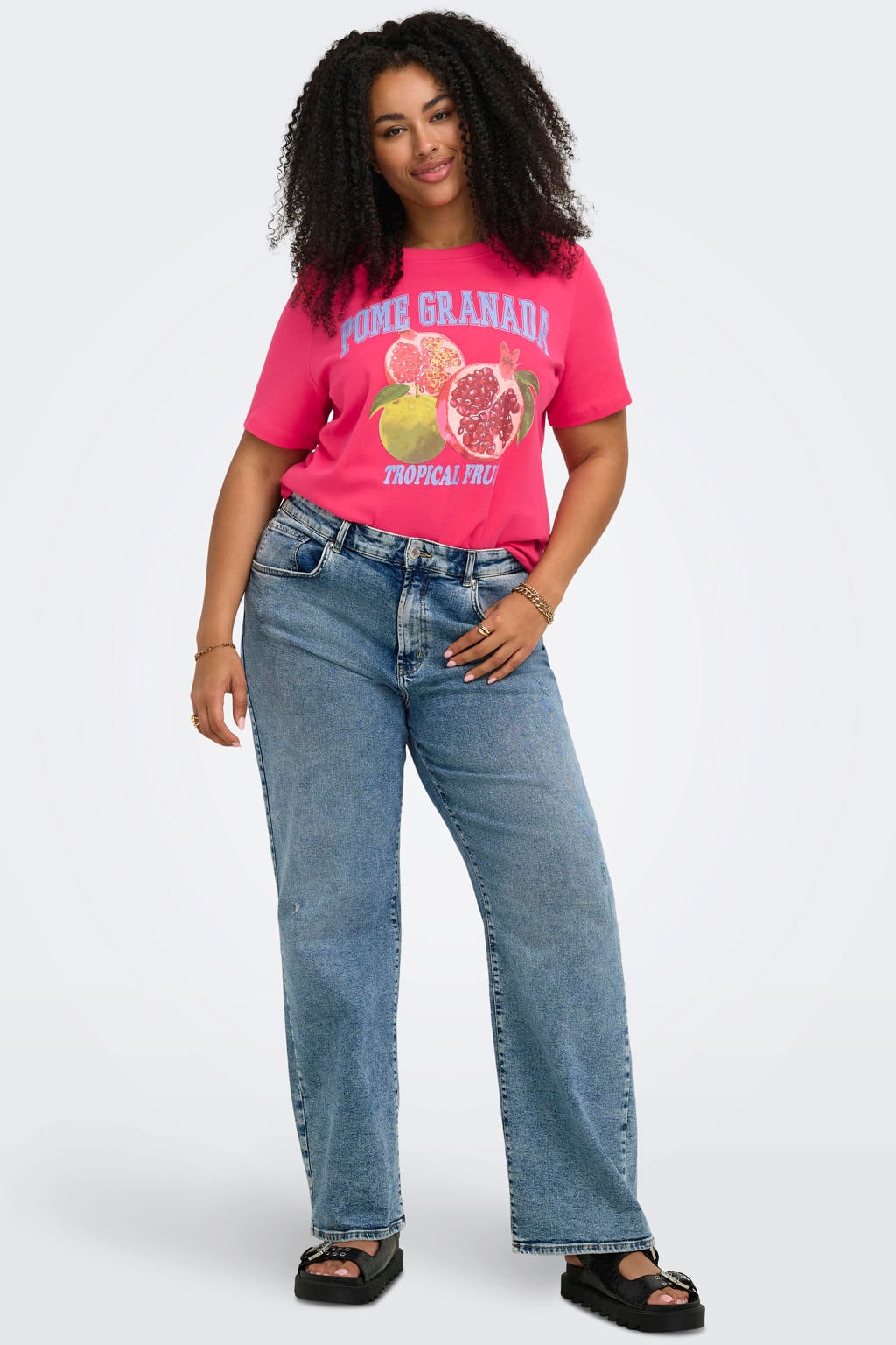 Roze, geel en blauwe dames ONLY CARMAKOMA T-shirt van katoen met printopdruk, korte mouwen en ronde hals