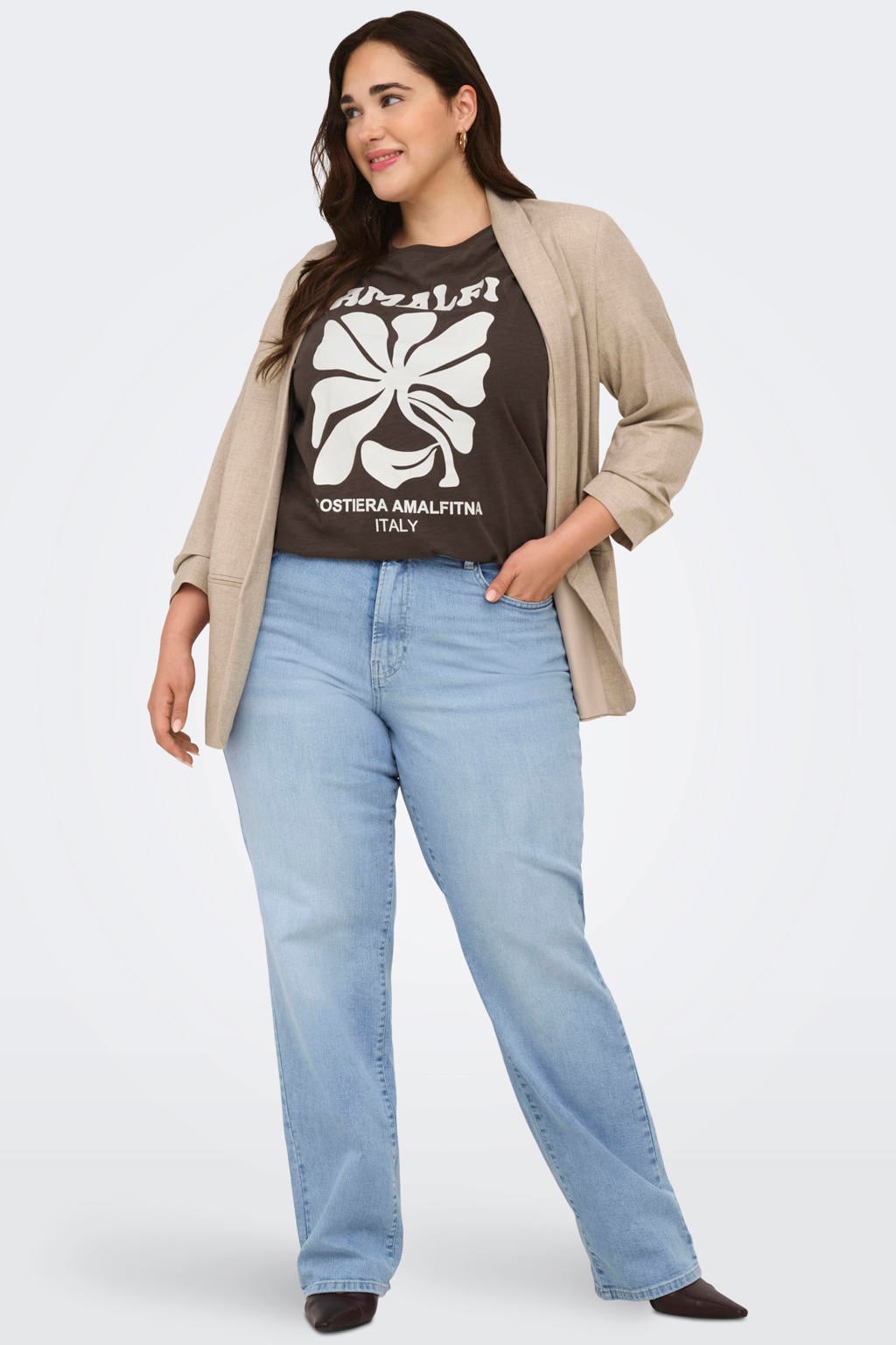 Donkerblauwe dames ONLY CARMAKOMA T-shirt van katoen met printopdruk, korte mouwen en ronde hals