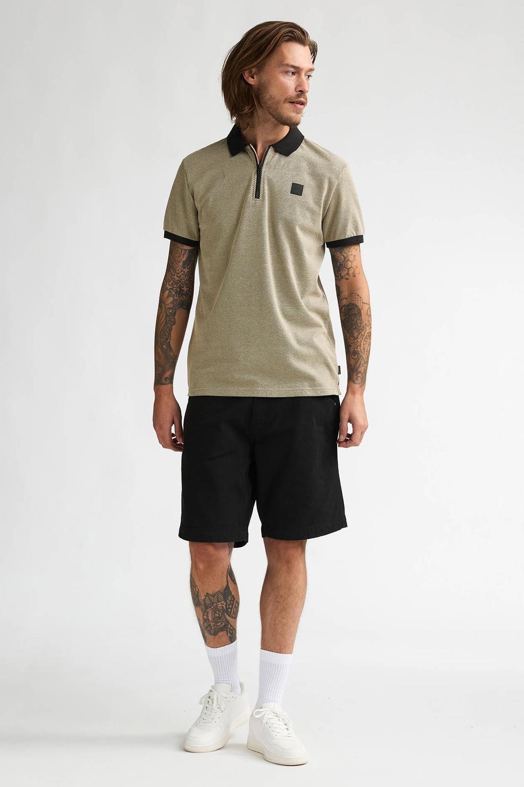Beige heren Petrol Industries regular polo van katoen met korte mouwen, halve rits en pique