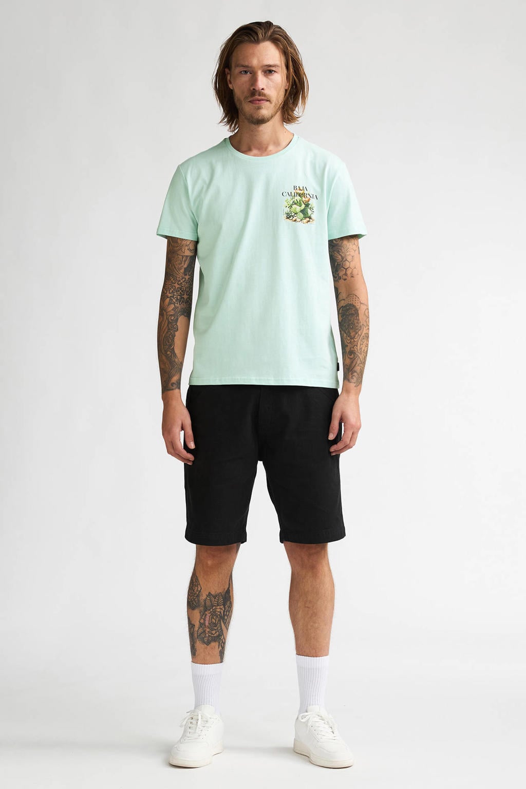 Mintgroene heren Petrol Industries regular T-shirt van katoen met backprint, korte mouwen en ronde hals