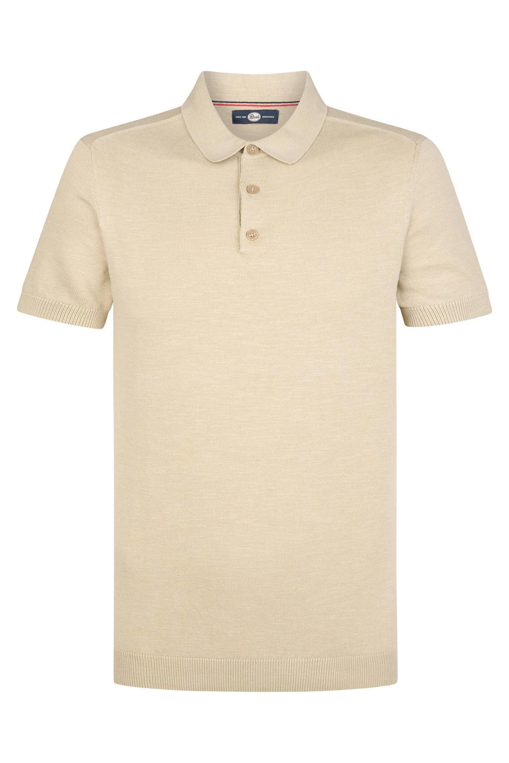 Beige heren Petrol Industries regular polo fijn gebreid van katoen met melée print, korte mouwen en knoopsluiting