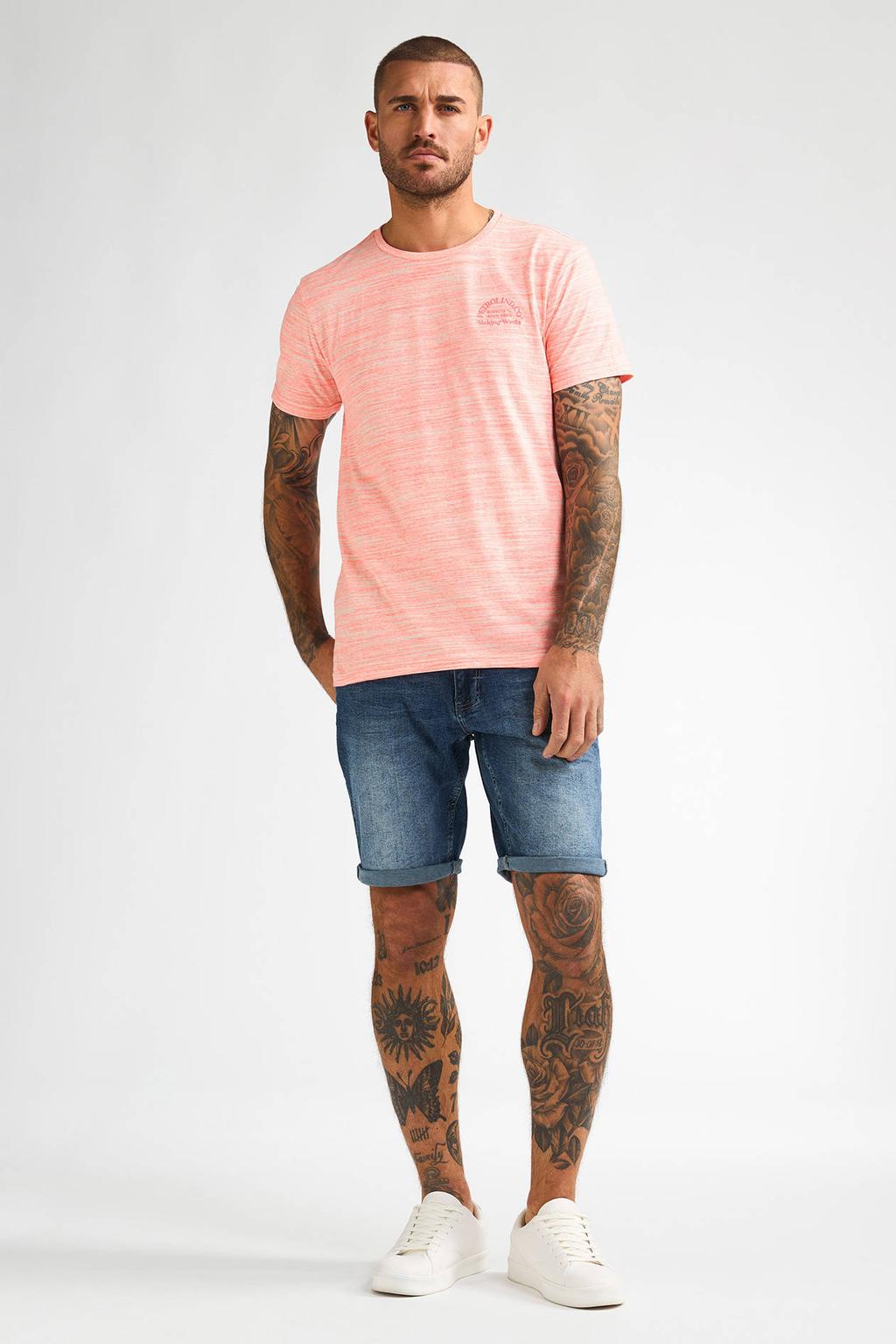Roze heren Petrol Industries regular T-shirt van katoen met melée print, korte mouwen en ronde hals