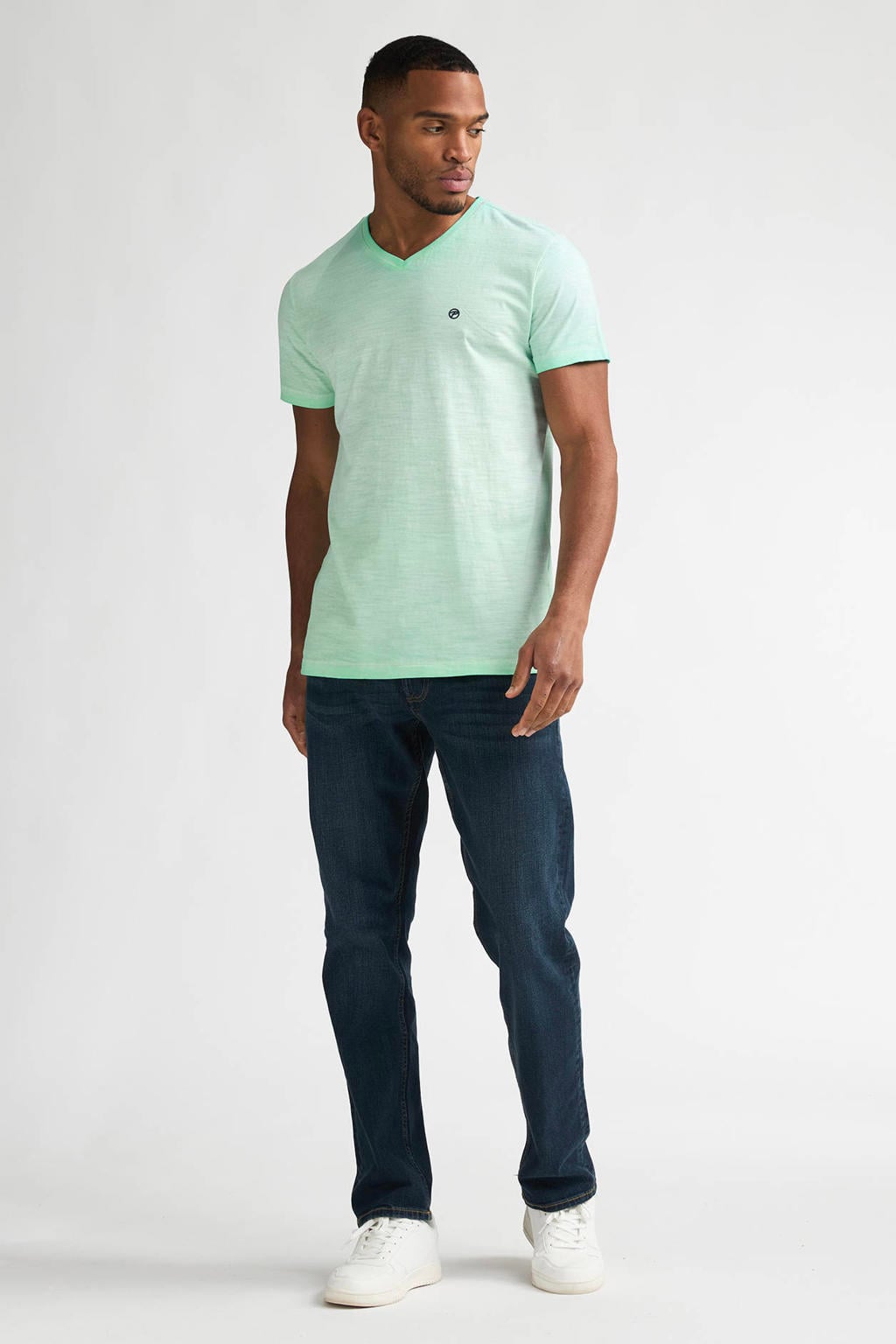 Groene heren Petrol Industries regular T-shirt van katoen met melée print, korte mouwen en V-hals