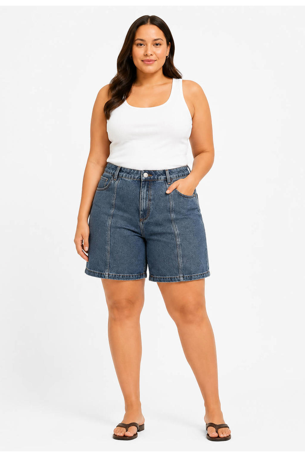 Medium blue denim dames NOISY MAY Curve high waist jort van denim met loose fit, rits- en knoopsluiting en effen