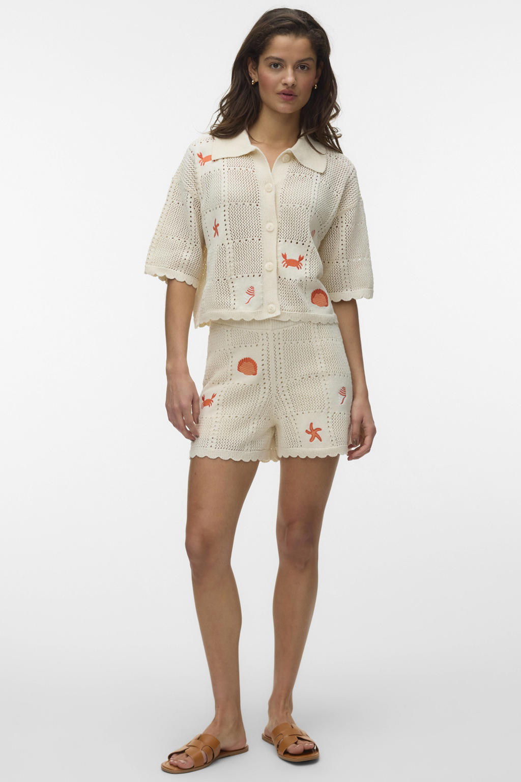 Beige en koraalrode dames VERO MODA top gebreid van polyester met effen, half lange mouwen, ronde hals en ajour details
