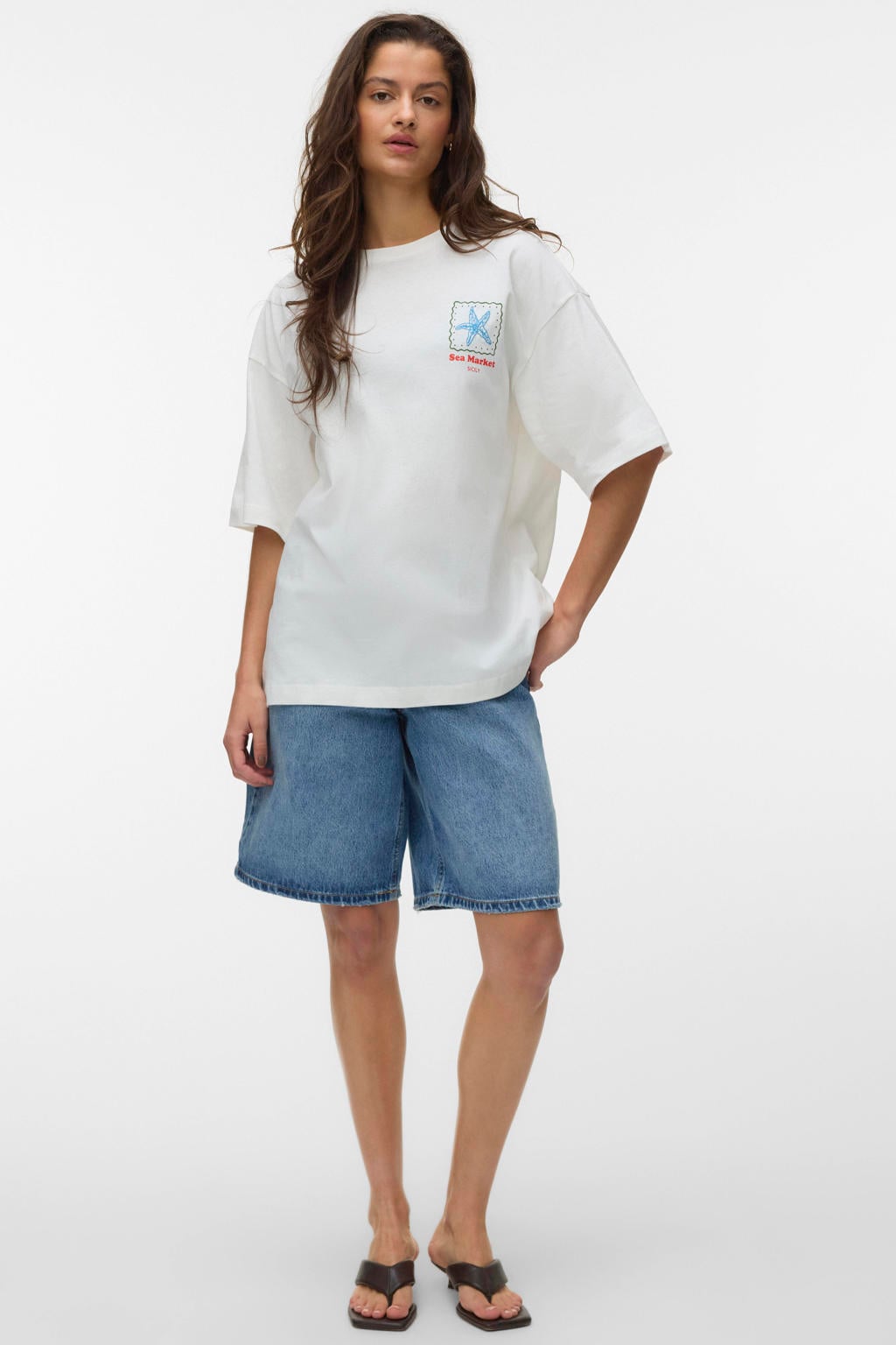 Ecru dames VERO MODA T-shirt van katoen met backprint, korte mouwen en ronde hals