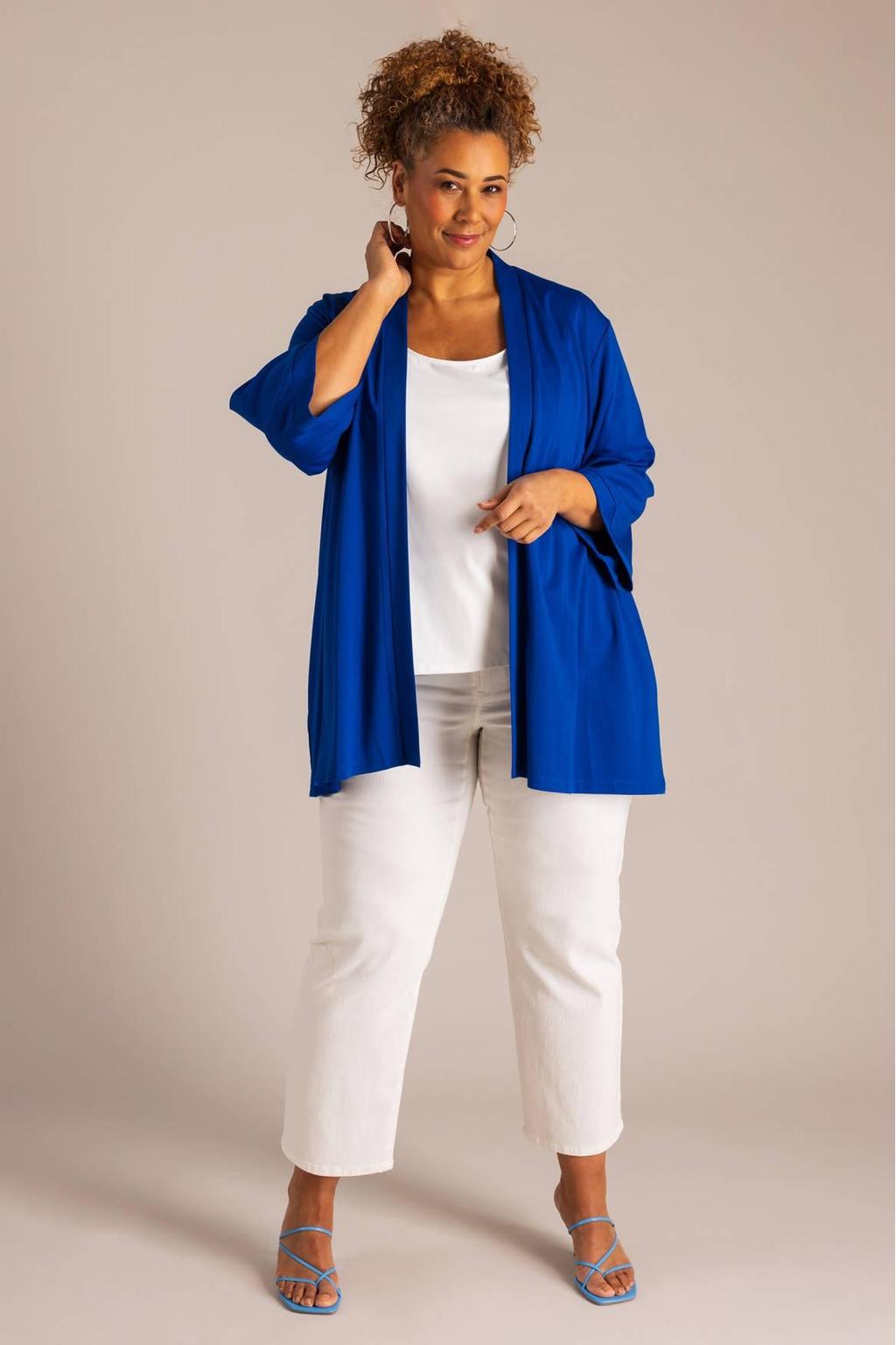 Blauwe dames Colletta bolero van viscose met effen, driekwart mouwen en ronde hals