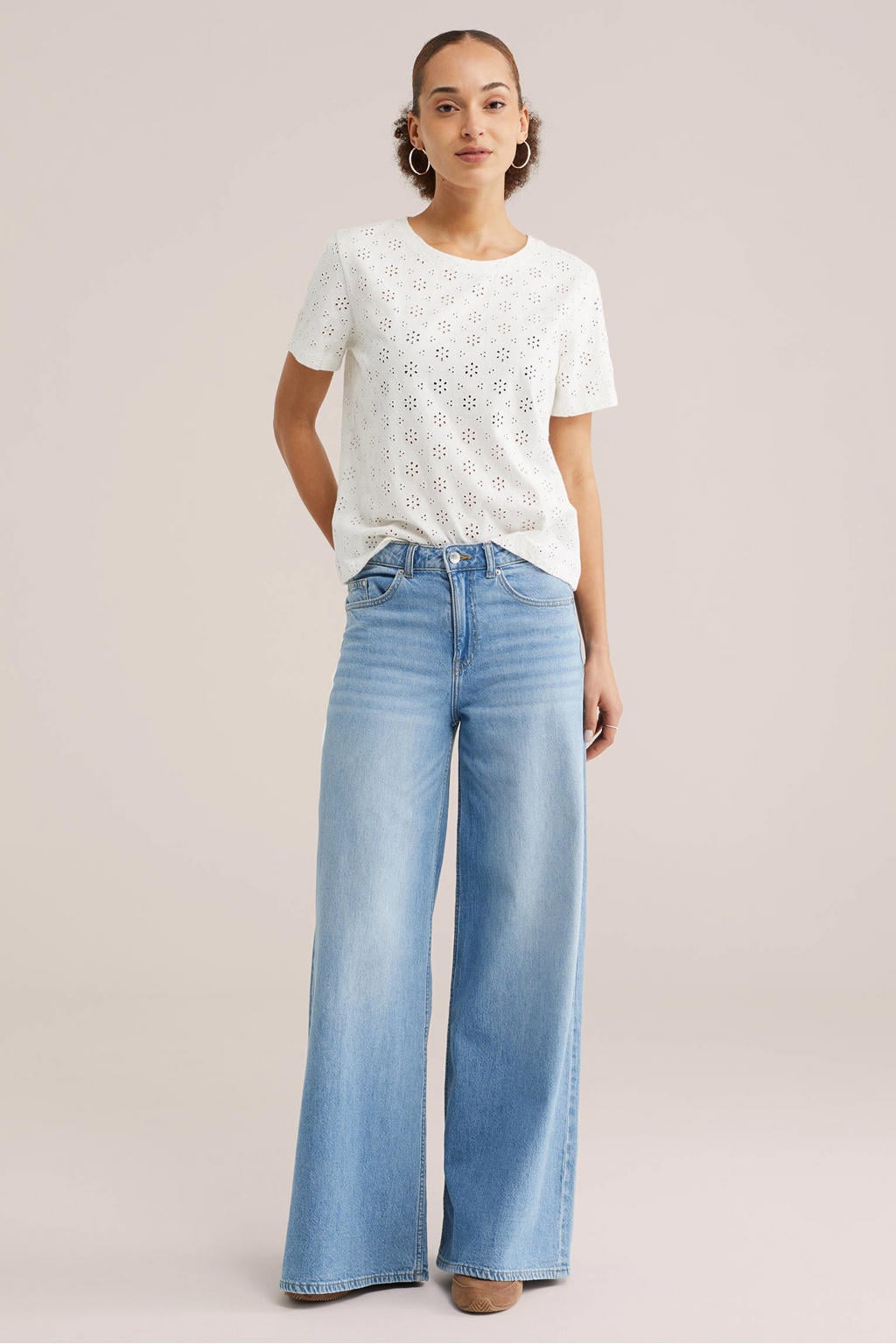 Witte dames WE Fashion T-shirt broderie van katoen met effen, korte mouwen en ronde hals