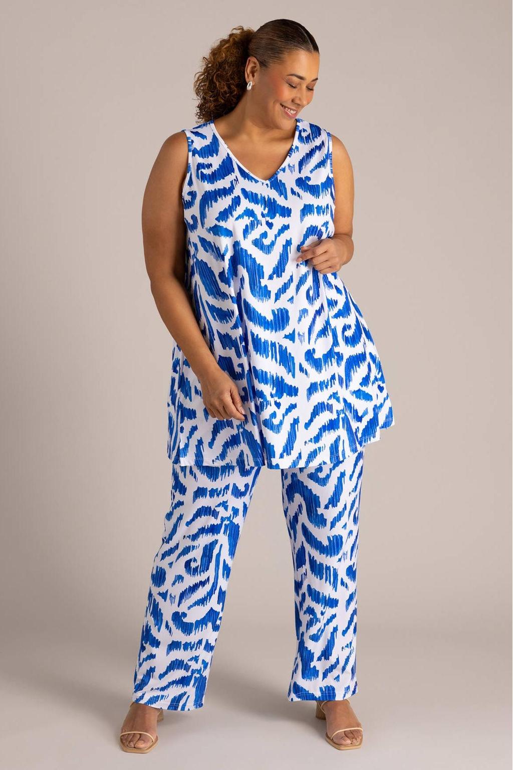 Blauw en witte dames Colletta top van polyester met V-hals