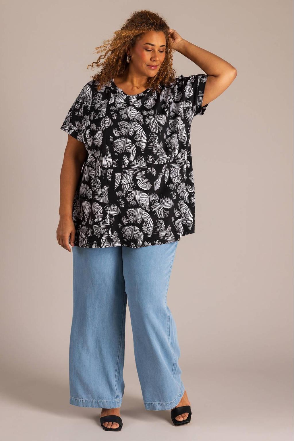 Zwart en witte dames Colletta top van viscose met korte mouwen en ronde hals
