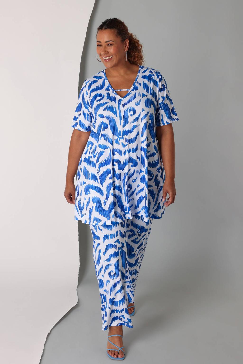 Blauw en witte dames Colletta regular waist flared broek van polyester met elastische tailleband