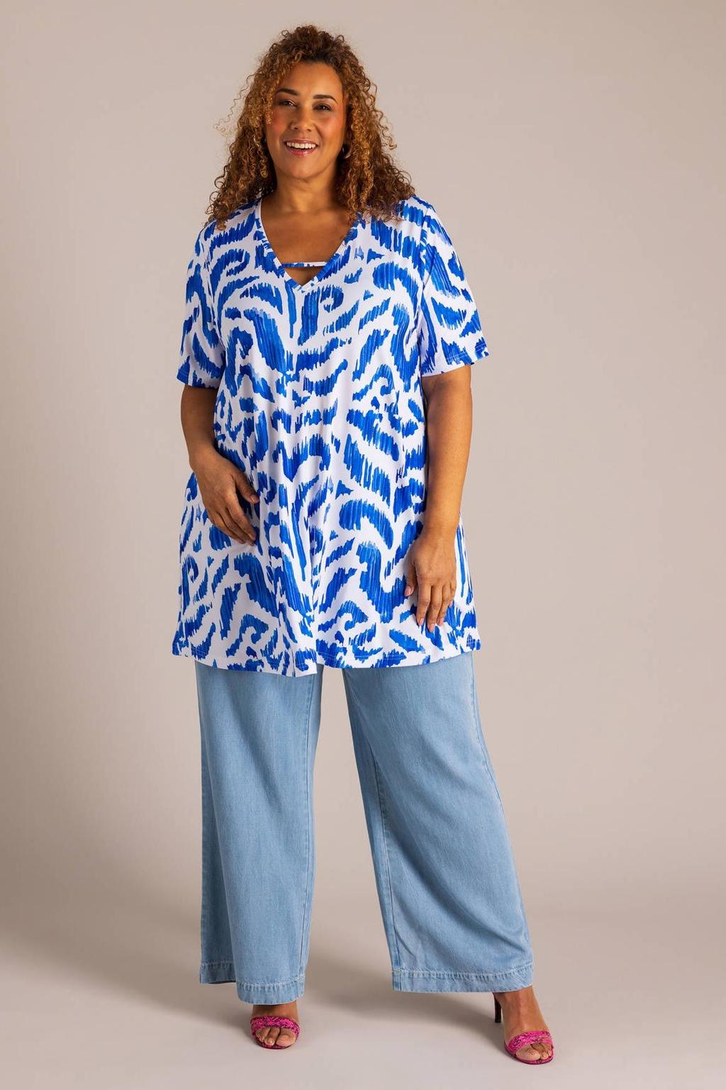 Blauw en witte dames Colletta top van polyester met korte mouwen en V-hals