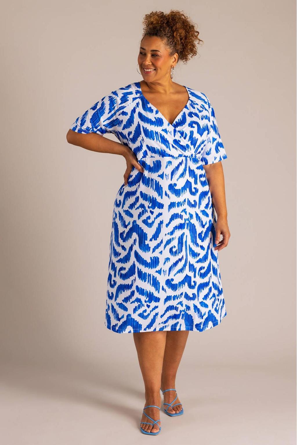 Blauw en witte dames Colletta maxi jurk van polyester met korte mouwen en V-hals
