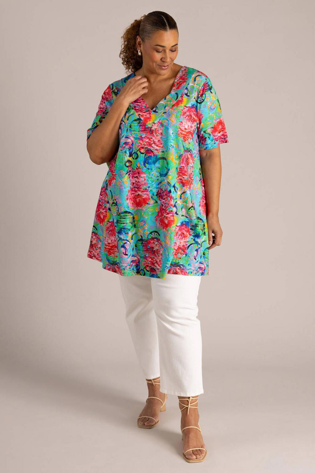 Multikleurige dames Colletta top van viscose met korte mouwen en V-hals