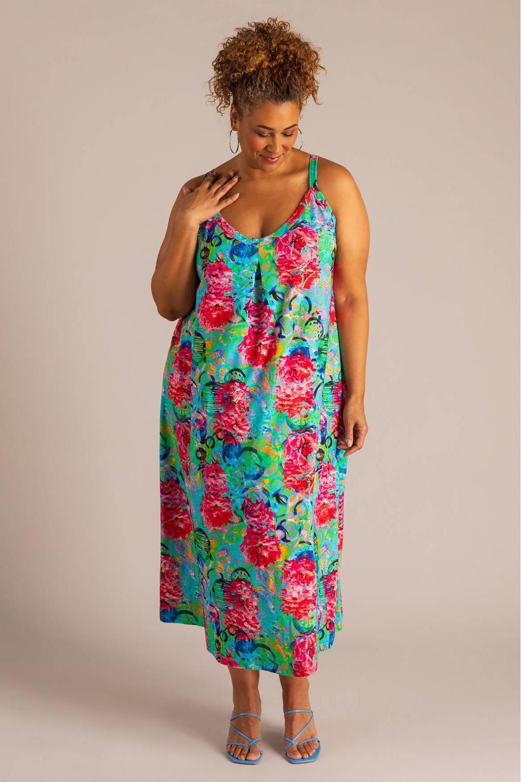 Multikleurige dames Colletta zomerjurk van viscose met V-hals