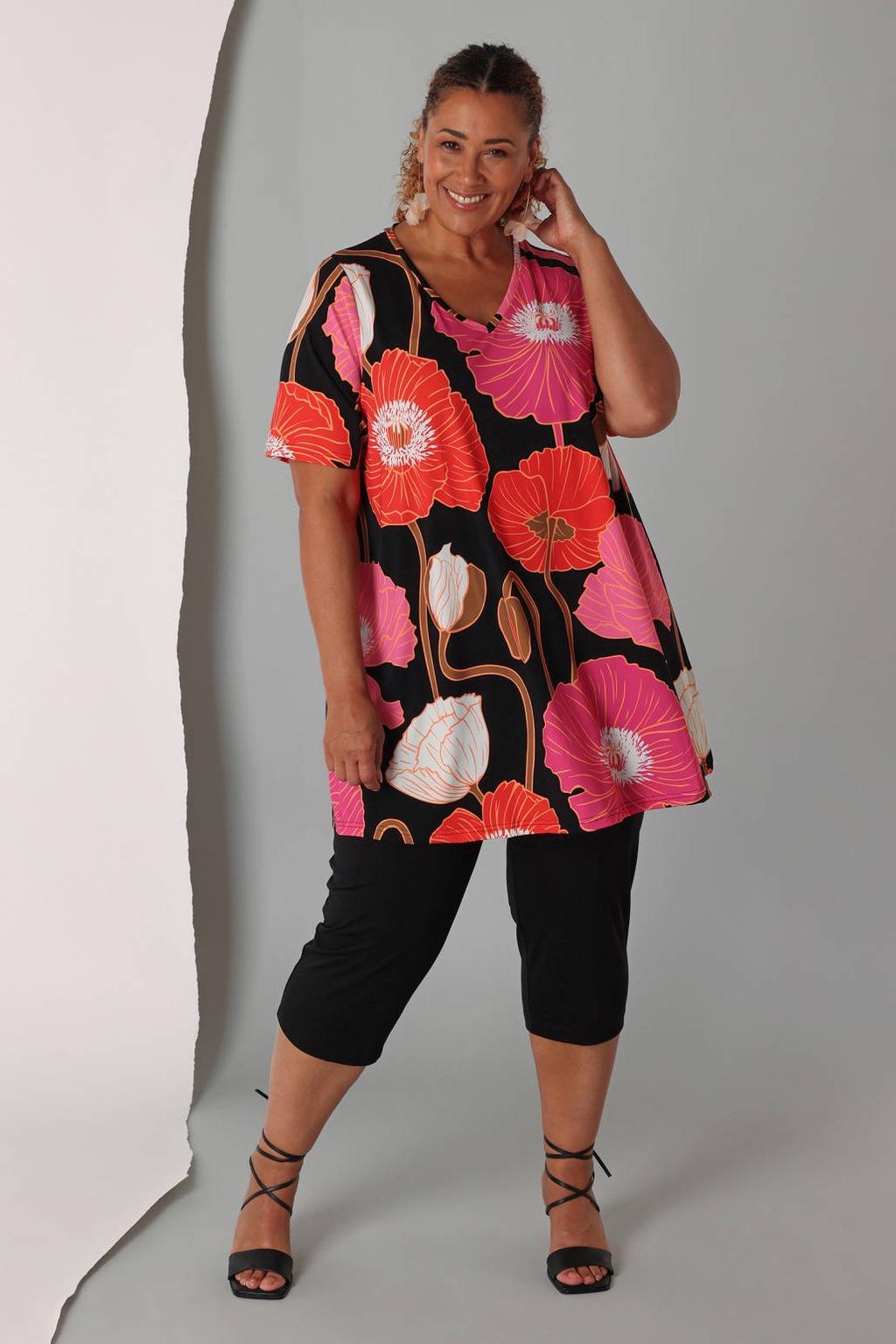 Roze, zwart en oranje dames Colletta gebloemde tuniek van polyester met driekwart mouwen en V-hals