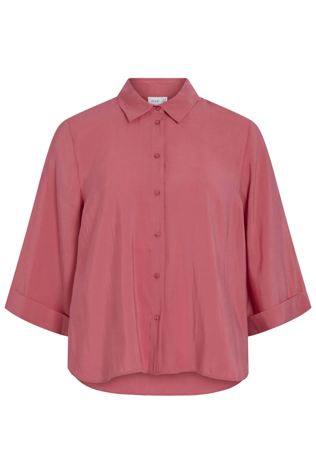 Koraalrode dames VILA blouse van modal met effen, driekwart mouwen, klassieke kraag, knoopsluiting en omslagdetail