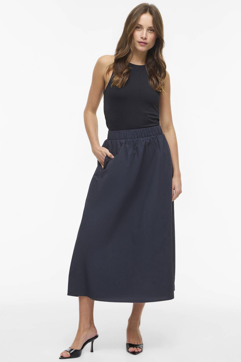 Marineblauw dames VILA midi rok blauw gemaakt van katoen en met elastische tailleband