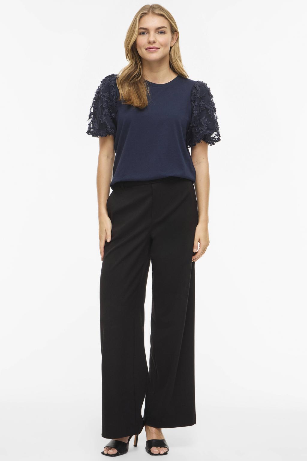 Marineblauw dames VILA top blauw met effen, half lange mouwen, ronde hals en kant