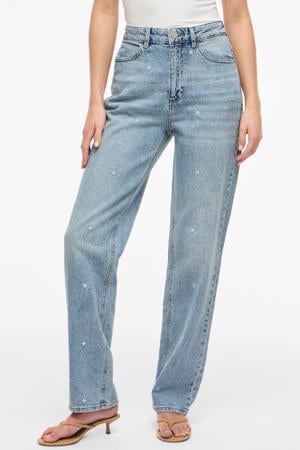 high waist straight leg jeans light blue denim