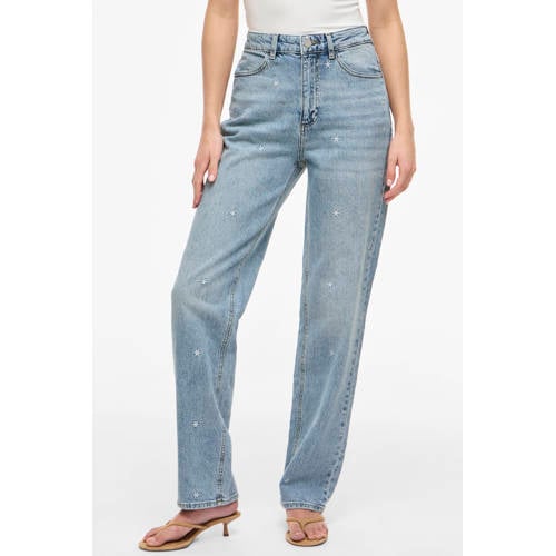 VILA Vikelly Hw Emb Straight Jeans Jaf high waist straight leg jeans light blue denim afbeelding