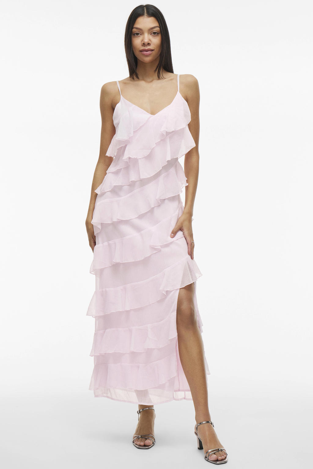 Lichtroze dames VILA maxi jurk van polyester met effen, spaghettibandjes, V-hals en ruches
