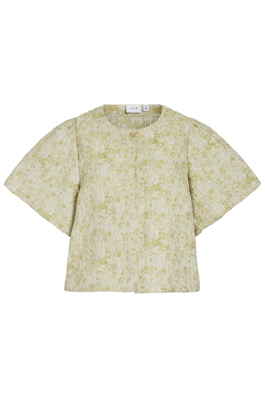 Groen en ecru dames VILA bolero van polyester met korte mouwen, ronde hals, knoopsluiting en jacquard
